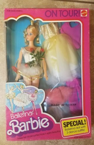 Rare 1976 Vintage Ballerina Barbie On Tour With Gold Dress And Pink Tutu
