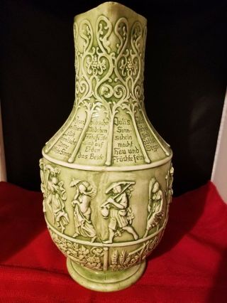 Vintage Large Green Ceramic German 12 month theme Beer Pitcher 11.  5 