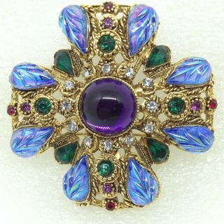 Vintage Maltese Cross Brooch Pin Blue Molded Glass Purple Green White Jewelry