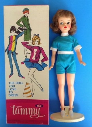 Vintage Tammy Doll Redhead W/box,  Stand,  Blue Playsuit & White Sneakers 1962 Euc