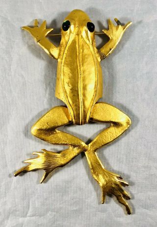 Kenneth Jay Lane Huge Frog Brooch Matte Gold Finish Emeral Geen Eyes