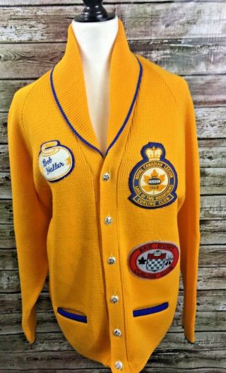 Vintage 1950s Sz L Knit Curling Sweater Patches Rockline Design 100 Wool Shawl