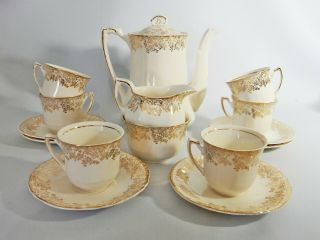 Antique Vintage Art Deco Alfred Meakin 15pc Coffee Set Pot Cup Saucer Gold Cream