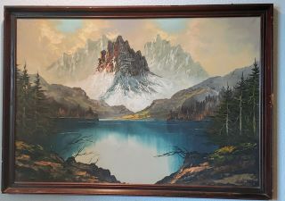 Vintage Mid Century Mountain Lake Landscape Oil Painting Unsigned 37 " X 26 "