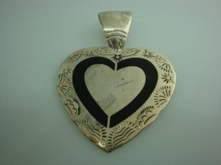 Vintage Taxco Sterling Silver Heart Pendant With Black Onyx Inlay Extra Large