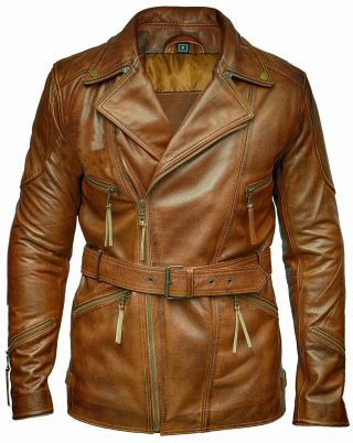 Mens Vintage Real Leather Brown Belted Coat Sheepskin Biker Retro 2 Cafe Racer