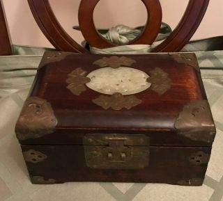 Vintage Chinese Cherry Wood Brass & Jade Medallion Wooden Jewelry Box