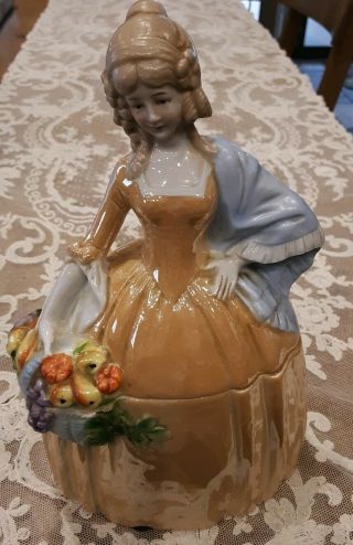 Unusual Vintage Antique Germany Lady Powder Dresser Box Jar - Basket Of Fruit