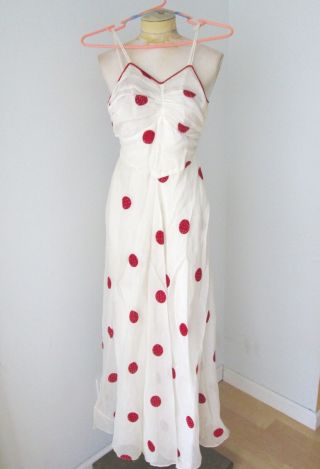 Vtg 1940 ' s sheer white organza red polka dot long dress bolero jacket suit S 3