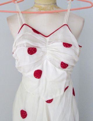 Vtg 1940 ' s sheer white organza red polka dot long dress bolero jacket suit S 4