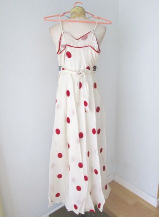 Vtg 1940 ' s sheer white organza red polka dot long dress bolero jacket suit S 5