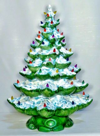 Vintage Atlantic Mold 23 " Flocked Ceramic Christmas Tree W/ Colored Lights