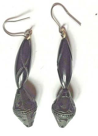 Victorian Whitby Jet Carved Drop Earrings,  Silver Mounts