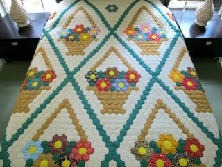 Outstanding Vintage All Cotton Hand Sewn Flower Garden Basket Quilt,  92 " X 84 "