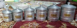 Vintage Mid - Century French Aluminum Metal Kitchen Pantry Canister (set Of 6)