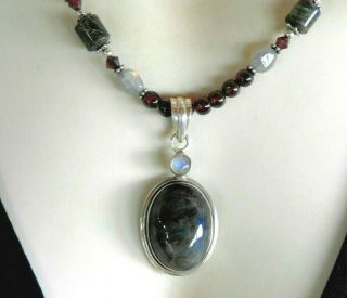 Vintage Necklace Labradorite Moonstone Solid 925 Sterling Silver Pendant Beaded