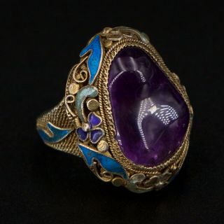 Vtg Sterling Silver - Chinese Export Amethyst Filigree Gold Ring Size 8 - 11.  5g