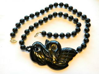 Wonderful 24 " Black Onyx Obsidian Swan Pendant Bead Necklace 14k Gold Clasp