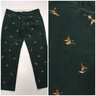 Vintage Polo Ralph Lauren Green Corduroy Mallard Duck Embroidered Pants 38 X 32