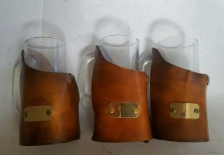 Vintage El Cid Leather Wrapped Glass Beer Mugs Set Of 3
