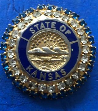 Vintage State Of Kansas Rhinestone Souvenir Pin Brooch With State Seal Rare Htf