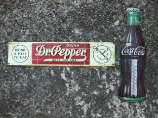 Vintage Dr.  Pepper Door Push Sign & Coca - Cola Coke Bottle Thermometer Soda Pop