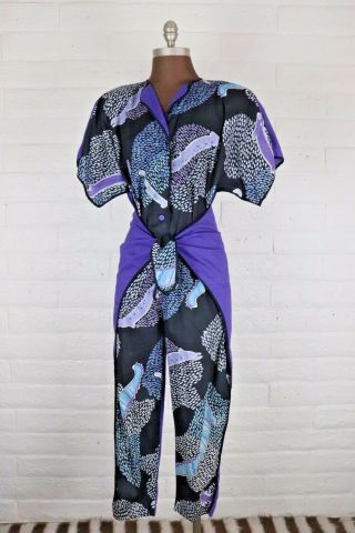 Rare Jeanne Marc Snake Purple Black Jumpsuit Art To Wear Short Sleeve Sm Med Mod