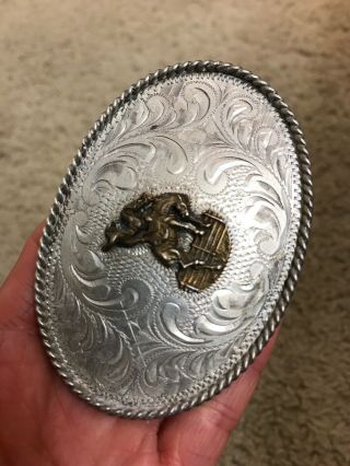Vintage Sterling Silver Horse Western Hand Engraved Belt Buckle 2
