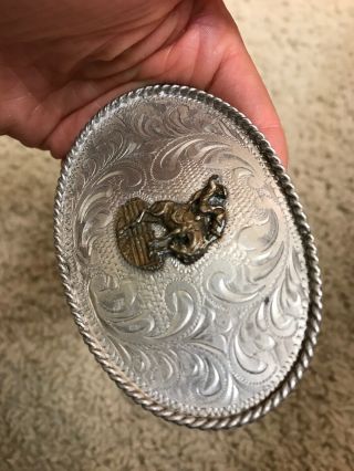 Vintage Sterling Silver Horse Western Hand Engraved Belt Buckle 3