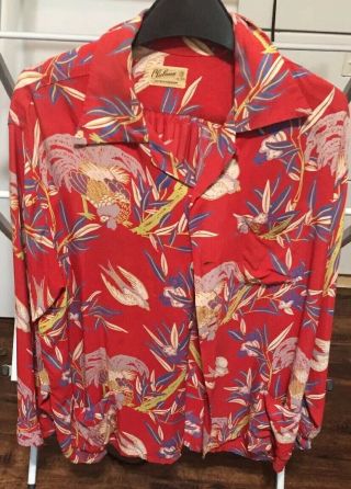 Rare Vintage 1940s Red Hawaiian Shirt Rayon Swallows Large Clubman Label