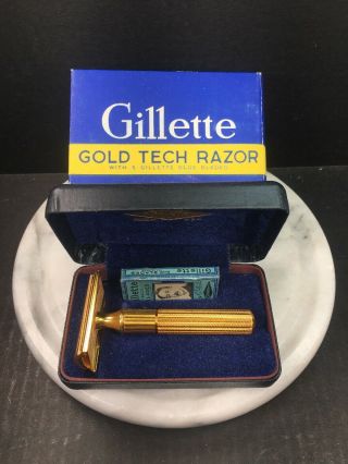 Gillette Gold Tech Safety Razor W/case & 5 Blades Usa Vtg Nos 1