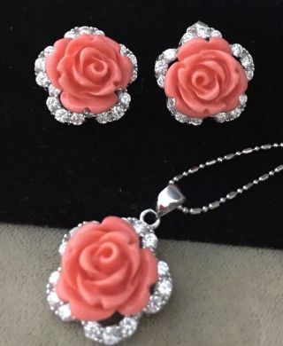 Vintage Sterling Silver & Faux Coral Rose Flower Pendant & Earring Set