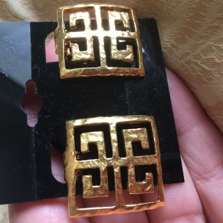 Vintage,  Givenchy Logo Clip - On Earrings Square Gold Tone Signed Parfums Old