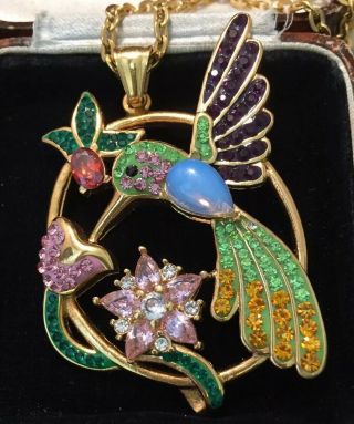 Vintage Jewellery Fabulous Sparkling Large Humming Bird Crystal Pendant Necklace