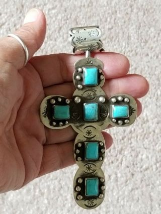 Large Vintage Native American Sterling Silver Turquoise Cross Pendant Old Style