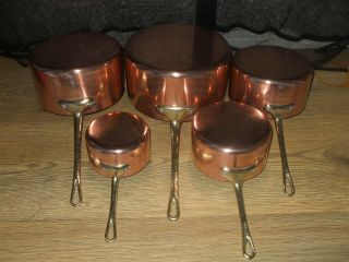 Vintage French Set 5 Copper Cuisine Kitchen Sauce Pans Lined Brass Handles