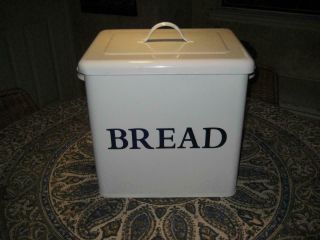 Vintage Style Enamel Bread Box White Box / Navy Blue Letters Metal Bin Retro