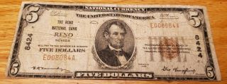 1929 Reno National $5 Five Dollar Bill - Rare