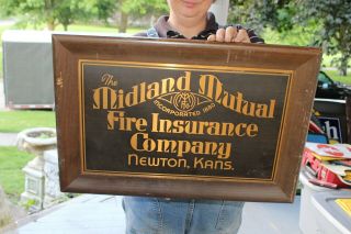 Vintage C.  1910 Midland Mutual Fire Insurance Gas Oil Farm Kansas 30 " Metal Sign