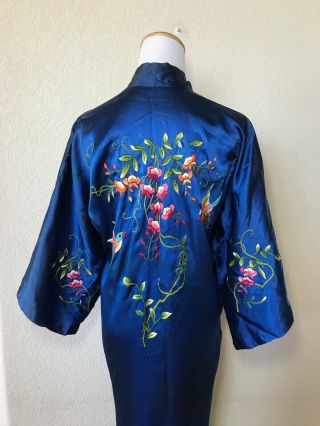 Vintage Japanese Silk Kimono Robe W Belt Embroidered Bird Cobalt Blue Size Small