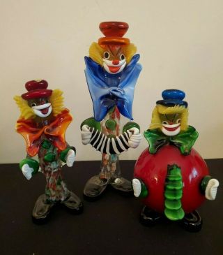 Vintage 3 Hand Blown Glass Clowns La Serenissima Murano Italy Figurines Statues