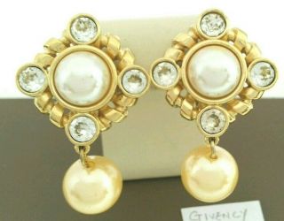 Rc.  Vtg Givency Earrings Gold Tone With Faux Pearl & Rhinestone Clip On Signed.