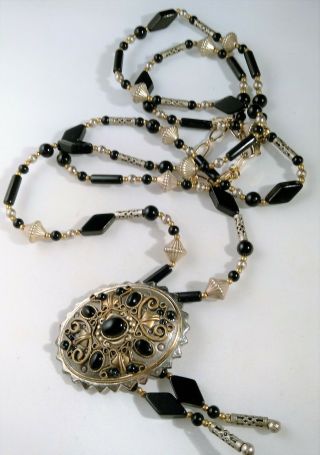 Rare 36 " Michael Golan Onyx Brass Necklace Belt Pendant Silver Tone Beads Signed