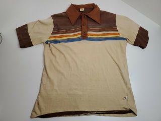 Vintage 70’s Hang Ten Striped Knit Surfer Skater Collar Pocket T Shirt L