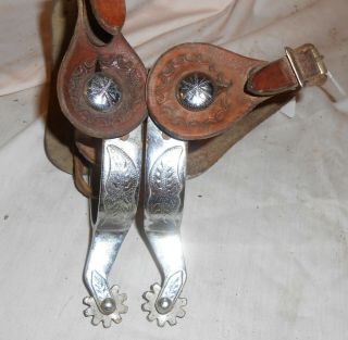 Antique/vintage " Cr " Crockett Renalde Engrave Spurs,  Tooled Straps