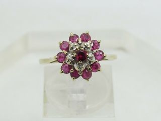 Thin 14k Yellow Gold Round Red Ruby Diamond Chip Cluster Vintage Ring Size 9