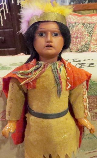 Antique 12 " German Bisque All Am Indian Character Child Doll,  Perfect