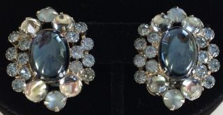 Vintage Weiss Earrings Blue/frosted/glass/rhinestones Signed