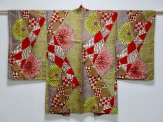 Japanese Kimono Silk Antique Long Haori / Meisen / Chrysanthemum /vintage /233
