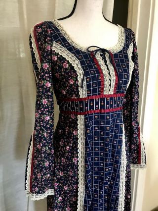 Vintage 70s Gunne Sax Dress Blue Wedding Boho Peasant Lace Maxi S Floral 3